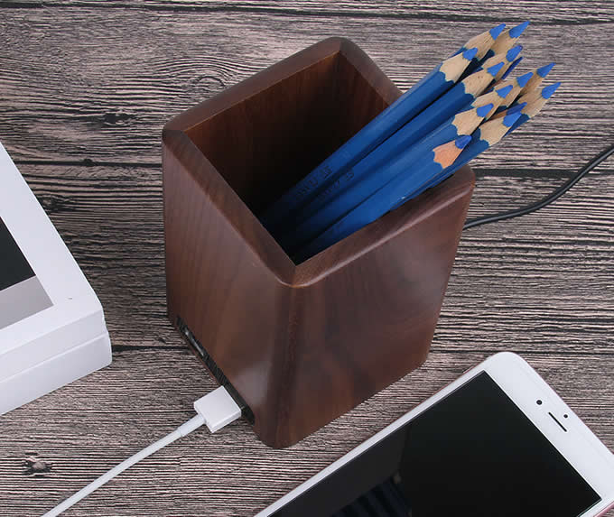  Black Walnut Wooden Pen Holder with 2 USB Charging Port 