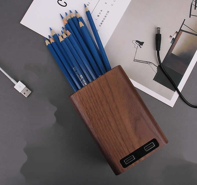  Black Walnut Wooden Pen Holder with 2 USB Charging Port 