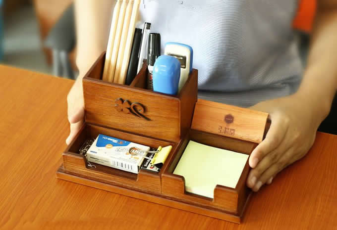 Wood Desktop Organizer Smartphone Tablet Pen Holder Stationery