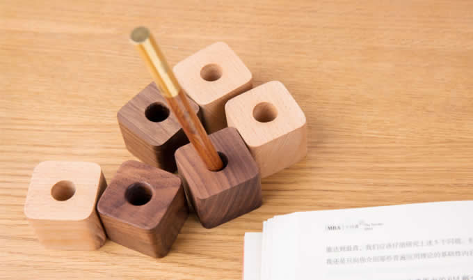  Concrete & Wooden Cubes Pen Stand Holder, (Set of 4)