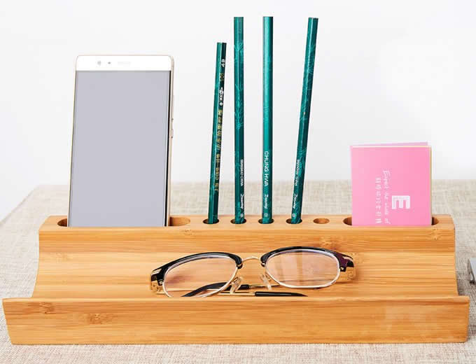    Natural Bamboo Desktop Pen Pencil Holder Mobile Phone Stand Desk Organizer for Office, School