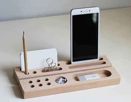  2pcs Wood Office Desk Organizer Set - Phone Stand / Pencil Holder / Business Card Holder