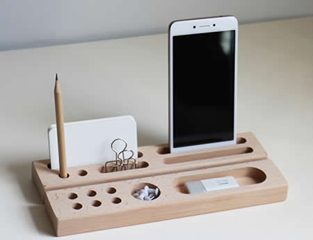  2pcs Wood Office Desk Organizer Set - Phone Stand / Pencil Holder / Business Card Holder