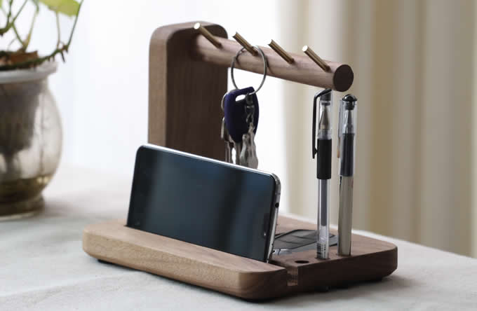 Black Walnut Wooden Key Rack Desk Organizer  Pen Pencil Holder Phone Stand Holder