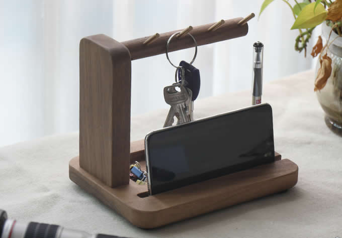 Black Walnut Wooden Key Rack Desk Organizer  Pen Pencil Holder Phone Stand Holder