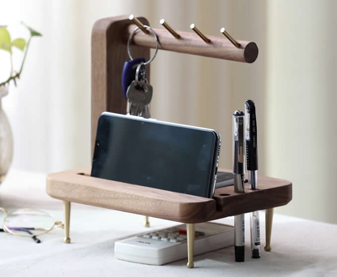 Black Walnut Wooden Key Rack Desk Organizer  Pen Pencil Holder Phone Stand Holder