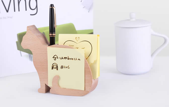  Wooden Cat Pen Holder with Memo Card Holder 