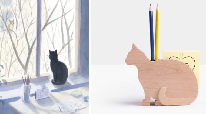  Wooden Cat Pen Holder with Memo Card Holder 