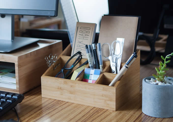 Bamboo Desk Organizer Pen Pencil Holder Business Name Cards Remote