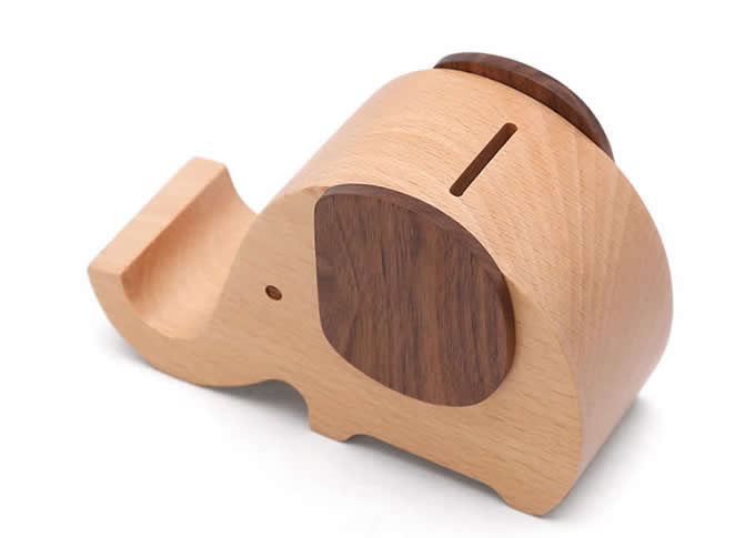 Wooden Elephant Shaped Piggy Bank Cell Phone Stand 