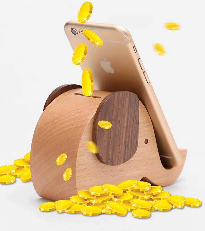 Wooden Elephant Shaped Piggy Bank Cell Phone Stand 