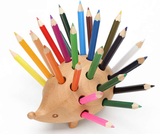   Wooden Hedgehog Pen Pencil Holder Desk Organizer 
