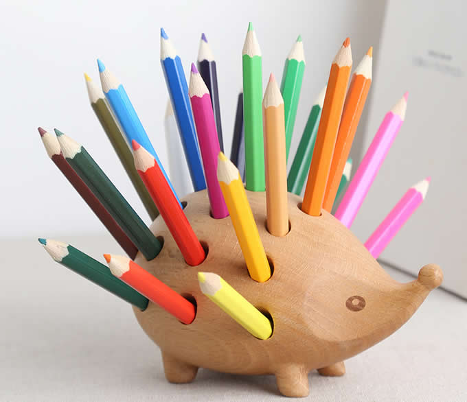   Wooden Hedgehog Pen Pencil Holder Desk Organizer 