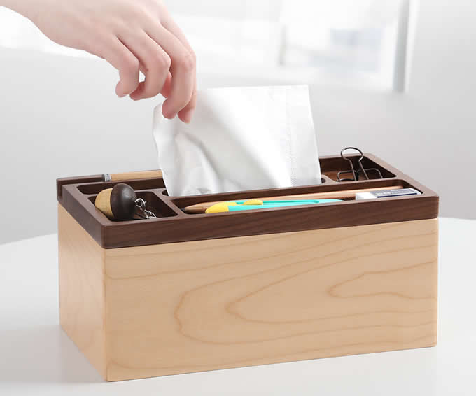  Wooden Multi-function Desk Organizer Tissue Box Storage Box