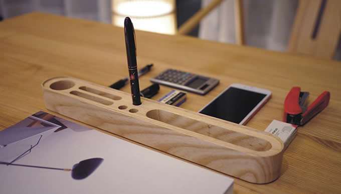   Wooden Office Supplies Storage Container for Pens, Pencil, Business Cards or Smartphones 