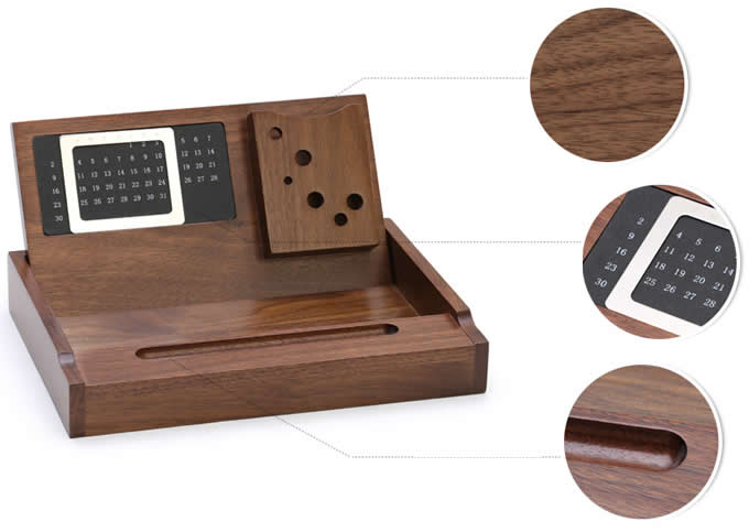 Wooden Multi-function Desk Stationery Organizer Storage Box With Perpetual Calendar