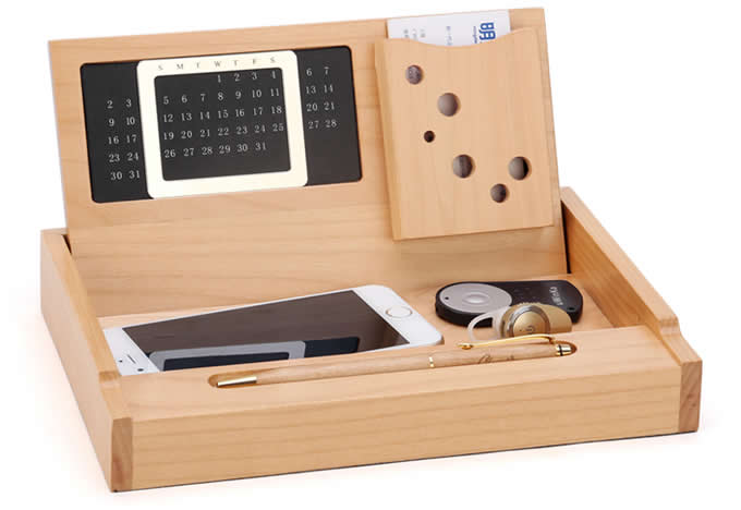  Wooden Multi-function Desk Stationery Organizer Storage Box With Perpetual Calendar