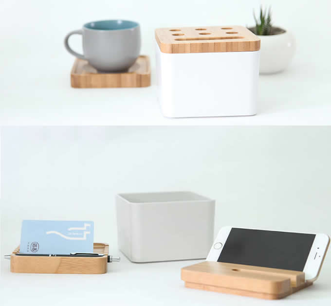  Bamboo Plastic Multi-function Desk Organizer Storage Box