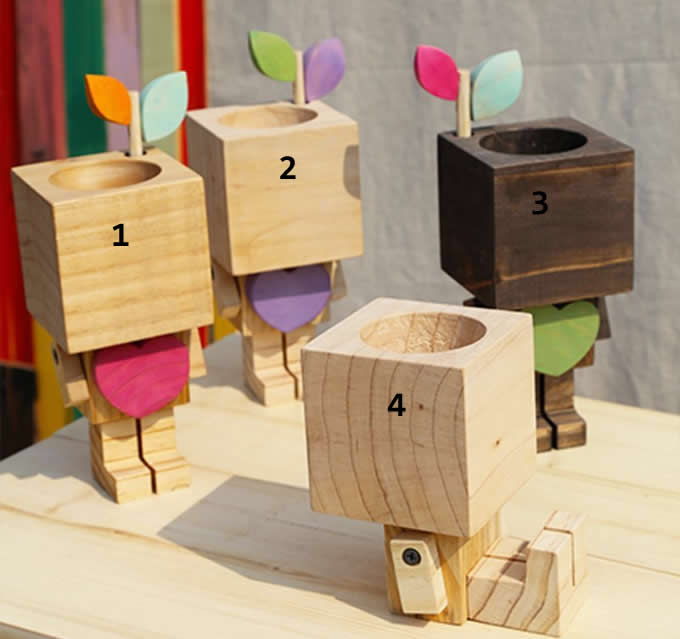   Wooden Robot Pen Pencil Phone Holder Desk Organizer Flowerpot