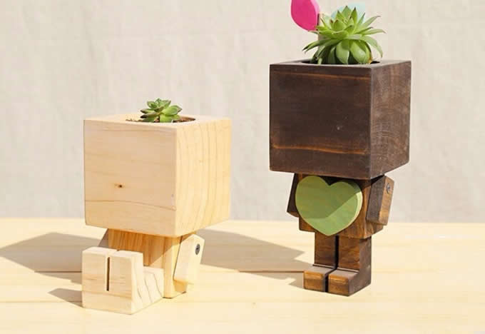   Wooden Robot Pen Pencil Phone Holder Desk Organizer Flowerpot