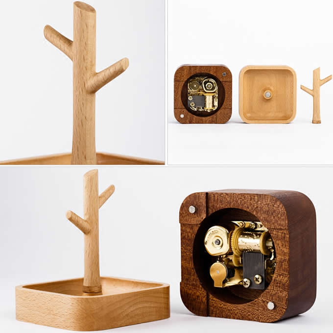   Wooden Tree Music Box Bracelet Necklace Jewelry Organizer Hooks Rack Stand 