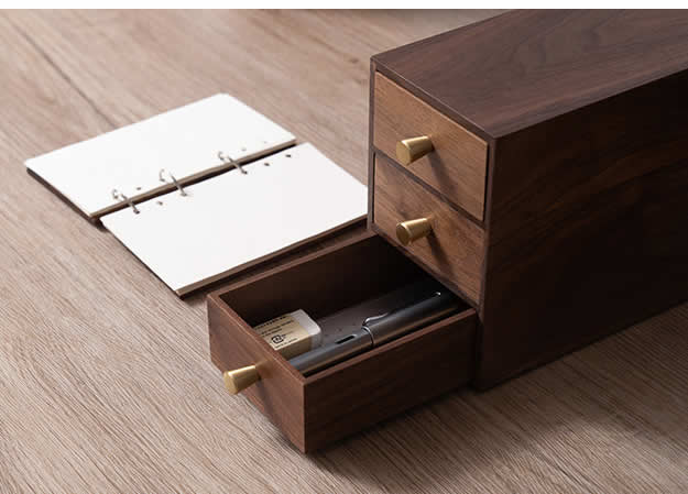 Pastoral Black Walnut Wood Office Desk Organizer with Drawers