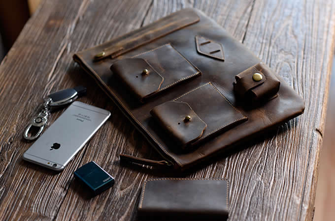  Handmade Leather  Multi-functional A4 Document Bags Portfolio Organizer 