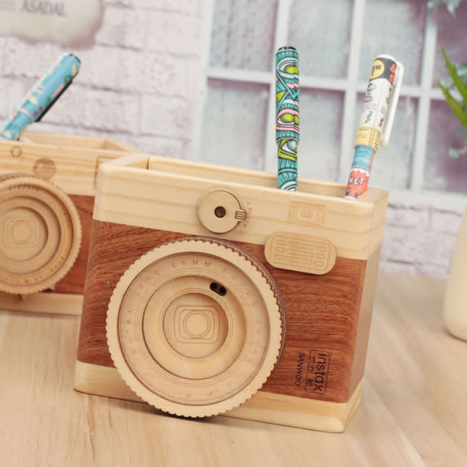   Wooden Camera Shaped Pen Holder