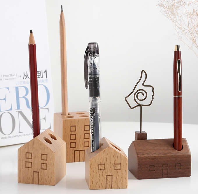  Wooden House shaped Pen Pencil Holder Stand,4 Piece Set 
