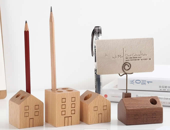  Wooden House shaped Pen Pencil Holder Stand,4 Piece Set 