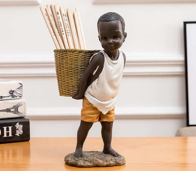 African Little Boy Back Basket Mobile Phone Holder Storage Pen Holder