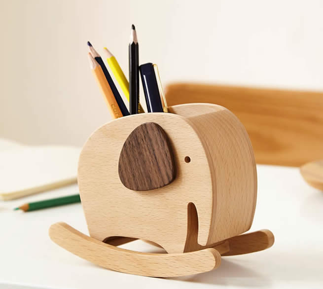 Wooden Elephant Office Organize Storage Pen Holder