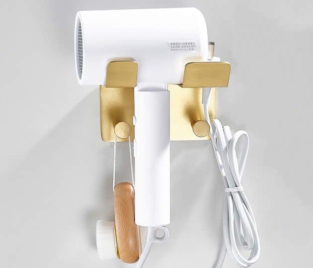 Classic Golden Brass Wall Storage Rack Bathroom Suction Hair Dryer Copper Hook Up