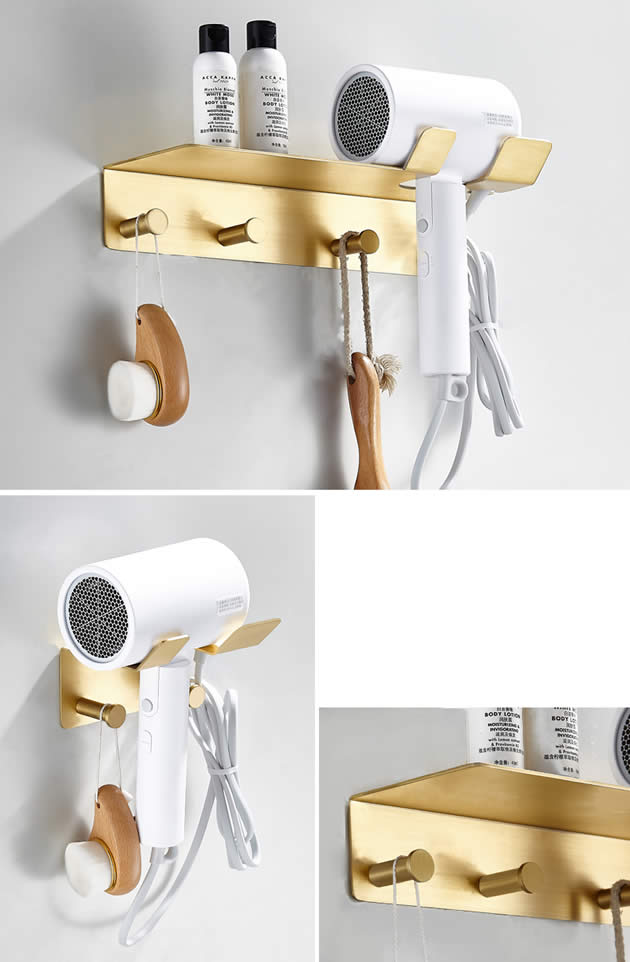 Classic Golden Brass Wall Storage Rack Bathroom Suction Hair Dryer Copper Hook Up