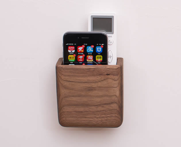 Creative wooden wall-mounted remote control-phone storage box