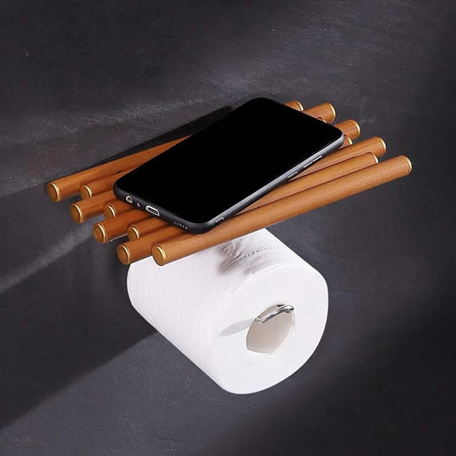 Wooden Roll Paper Holder Storage For Bathroom