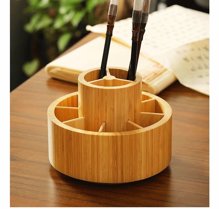 Circular Bamboo And Wood Rotating Pen Holder