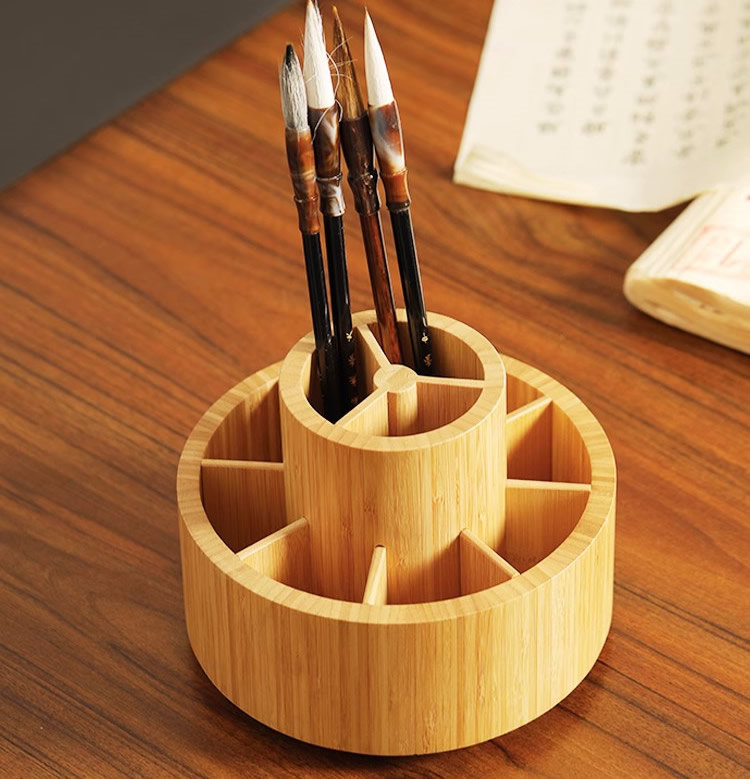 Circular Bamboo And Wood Rotating Pen Holder