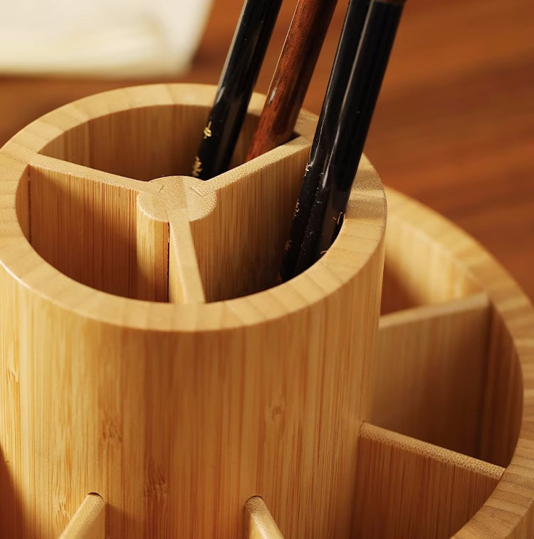 Circular Bamboo And Wood Rotating Pen Holder