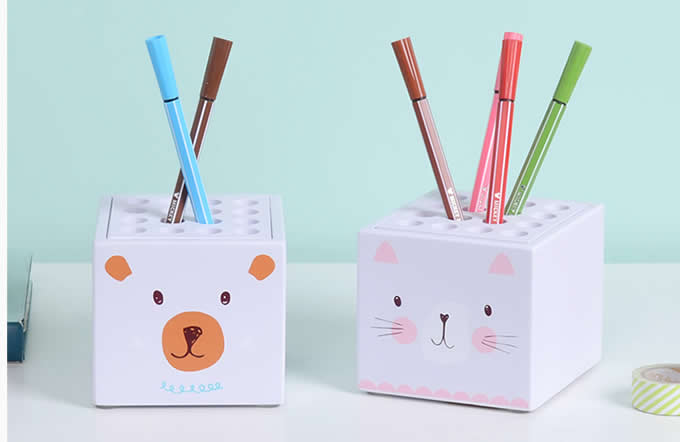  Cartoon Bear & Kitten Face  Pen Display Stand 16-Slots Pen Pencil Holder