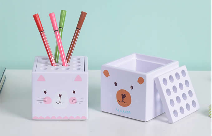  Cartoon Bear & Kitten Face  Pen Display Stand 16-Slots Pen Pencil Holder