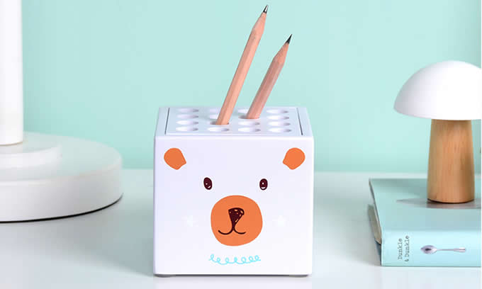  Cartoon Bear & Kitten Face  Pen Display Stand 16-Slots Pen Pencil Holder