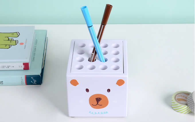  Cartoon Bear & Kitten Face  Pen Display Stand 16-Slots Pen Pencil Holder