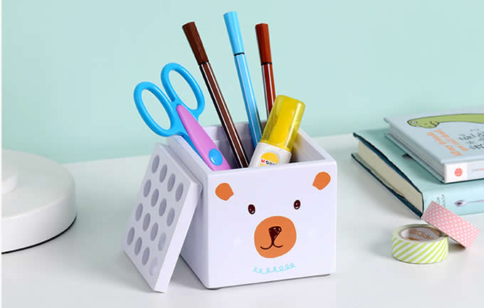  Cartoon Bear & Kitten Face  Pen Display Stand 16-Slots Pen Pencil Holder