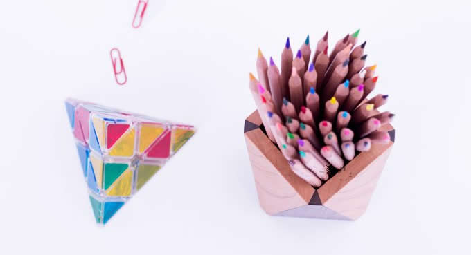 Geometric Designs Wooden Pen Cup Pencil Pot Holder Container Organizer