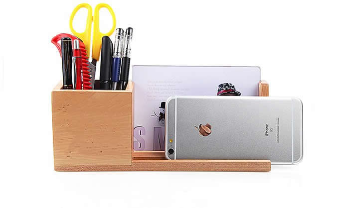 Bamboo Wooden Office Desk Organizer Pen and Pencil Holder , Phone and Tablet Holder