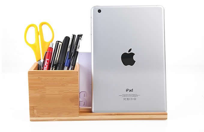 Bamboo Wooden Office Desk Organizer Pen and Pencil Holder , Phone and Tablet Holder