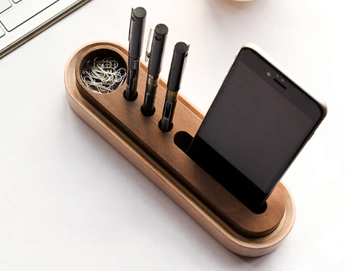 Wooden Pen Pencils Mobile Phone Holder Desk Organizer 