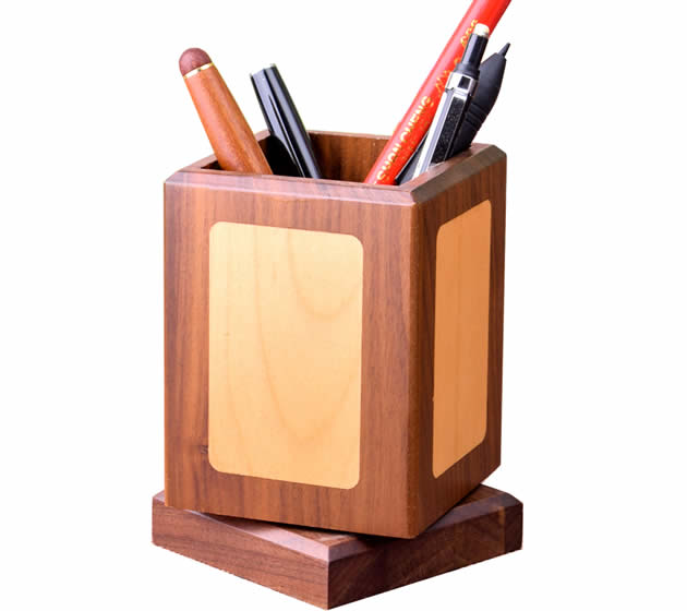 Classic 360-degree rotating black walnut wooden square organize pen holder