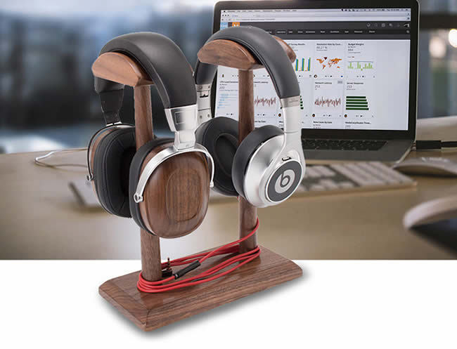 Creative Double Support Black Walnut Wooden Headphone Holder Desktop Organization